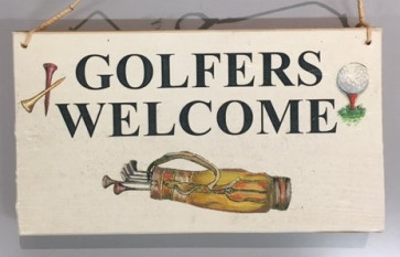Golfskilt i Træ 20cm x 11cm "Golfers Welcome........."